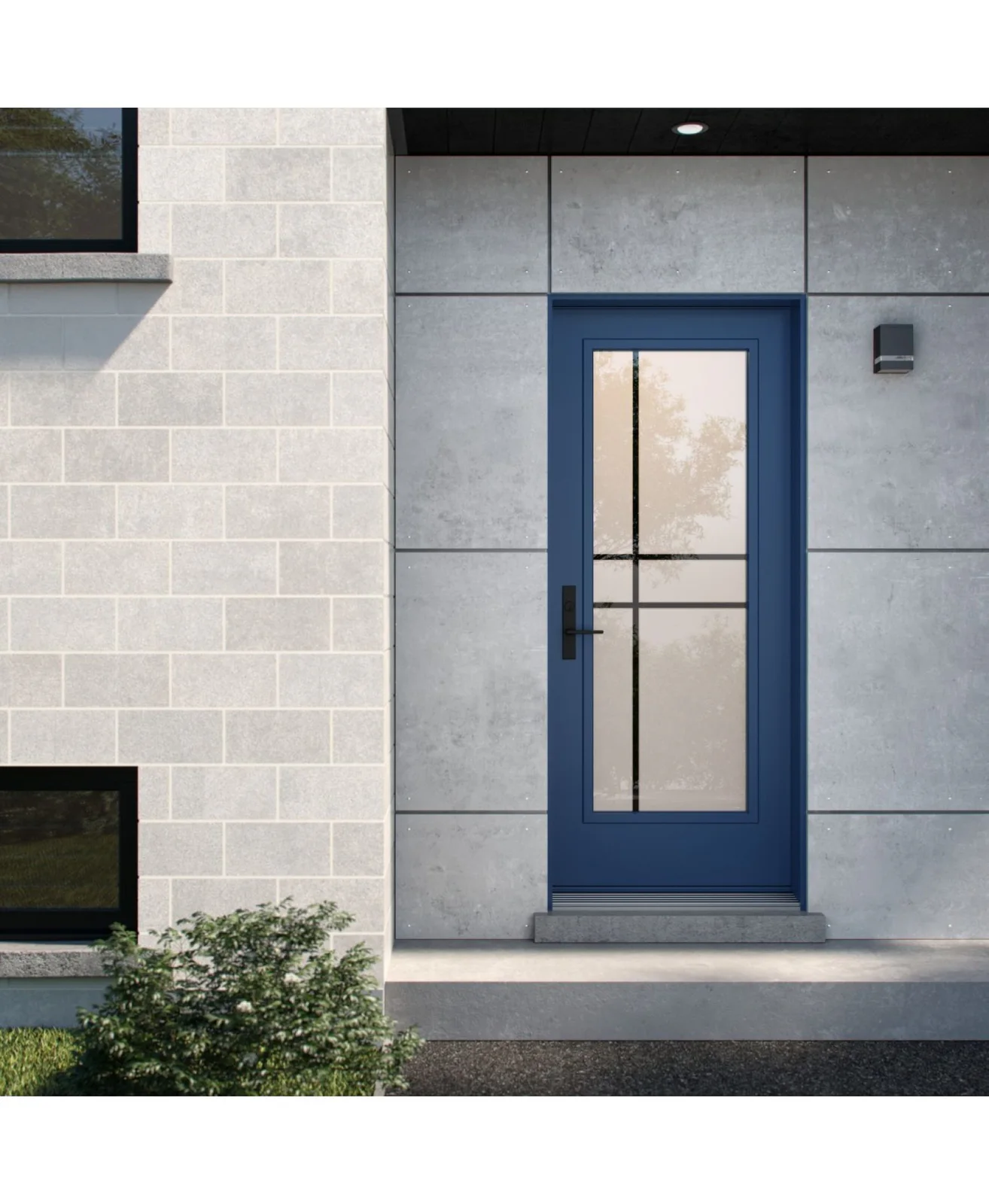 Frosted high-privacy door glass shown in a complete entrance