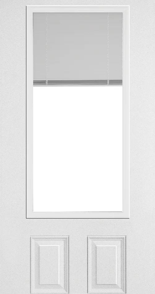 Complete white entry door with integrated blinds in the glass insert