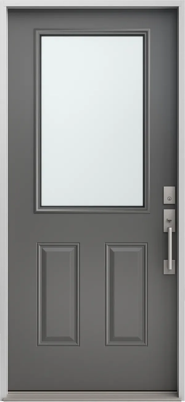 Complete dark entry door with upper glass and lower panels