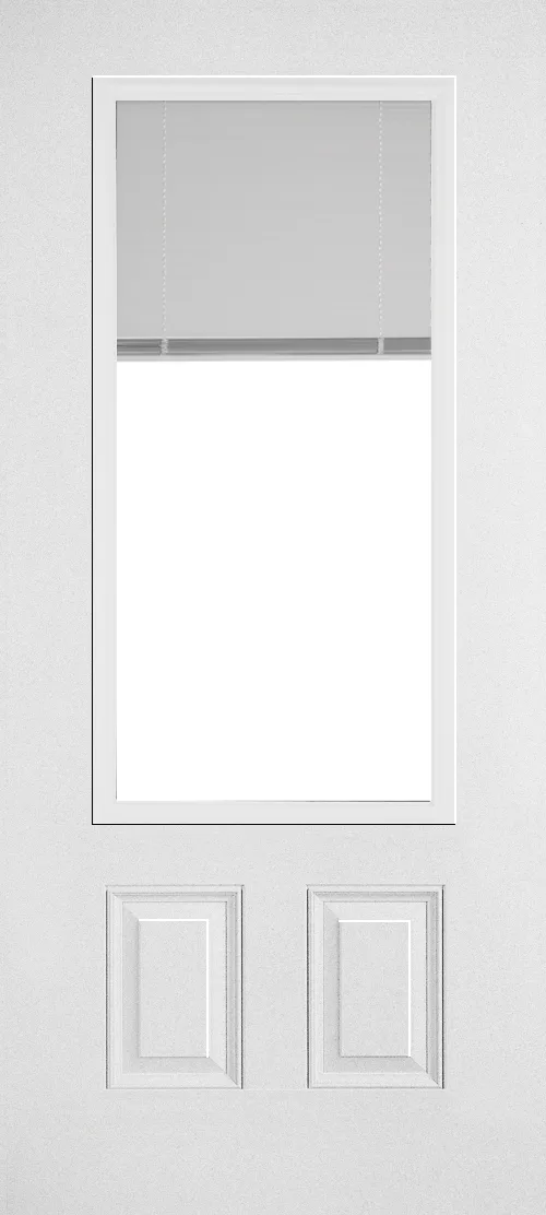 White two-panel entry door with a tall glass insert and integrated blinds