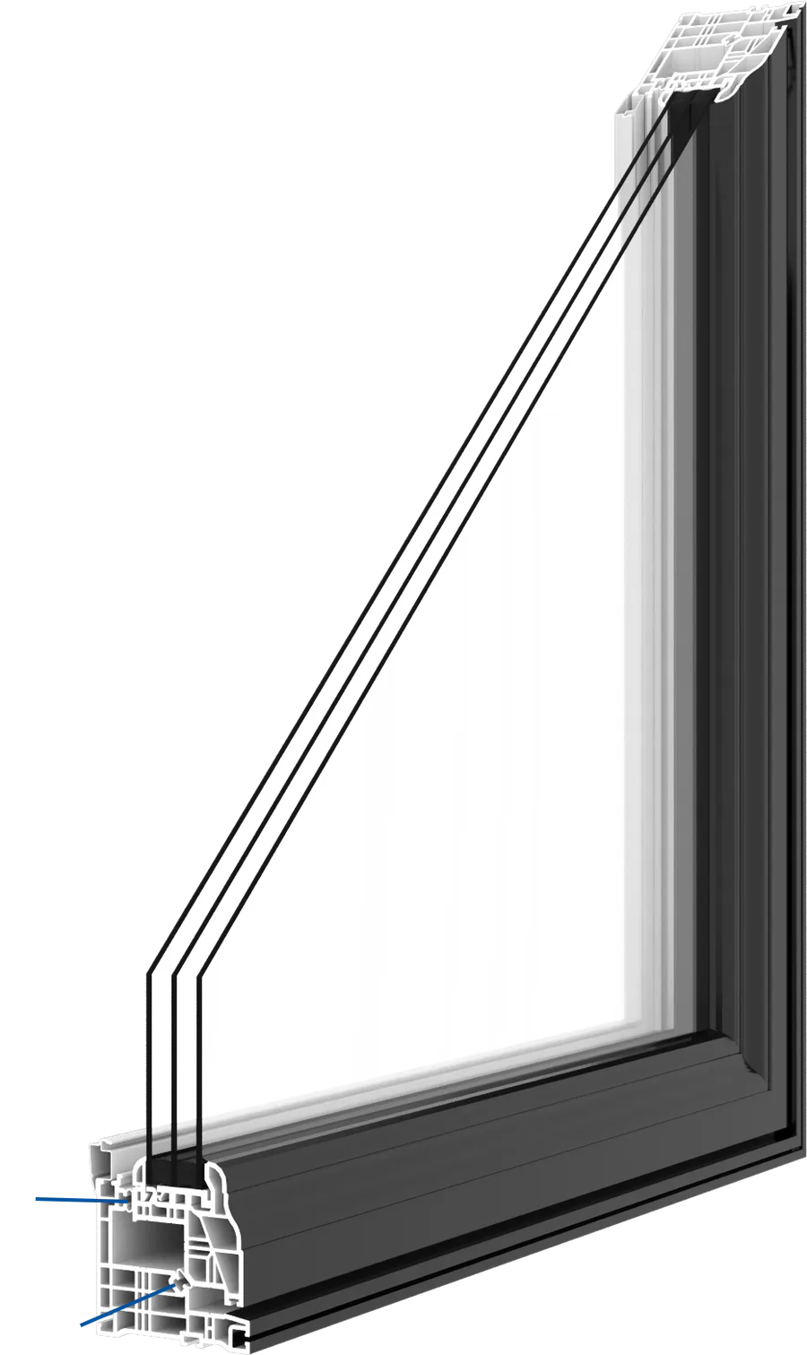 Cutaway view of a casement window frame and insulated glass profile