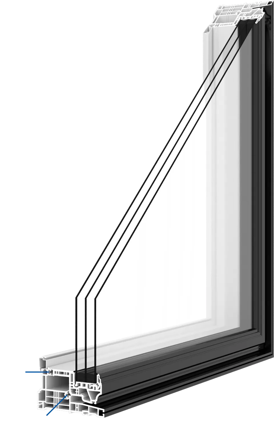 Cutaway view of a deeper window frame and insulated glass profile