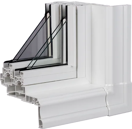 Cutaway view of a sliding window frame and insulated glass profile